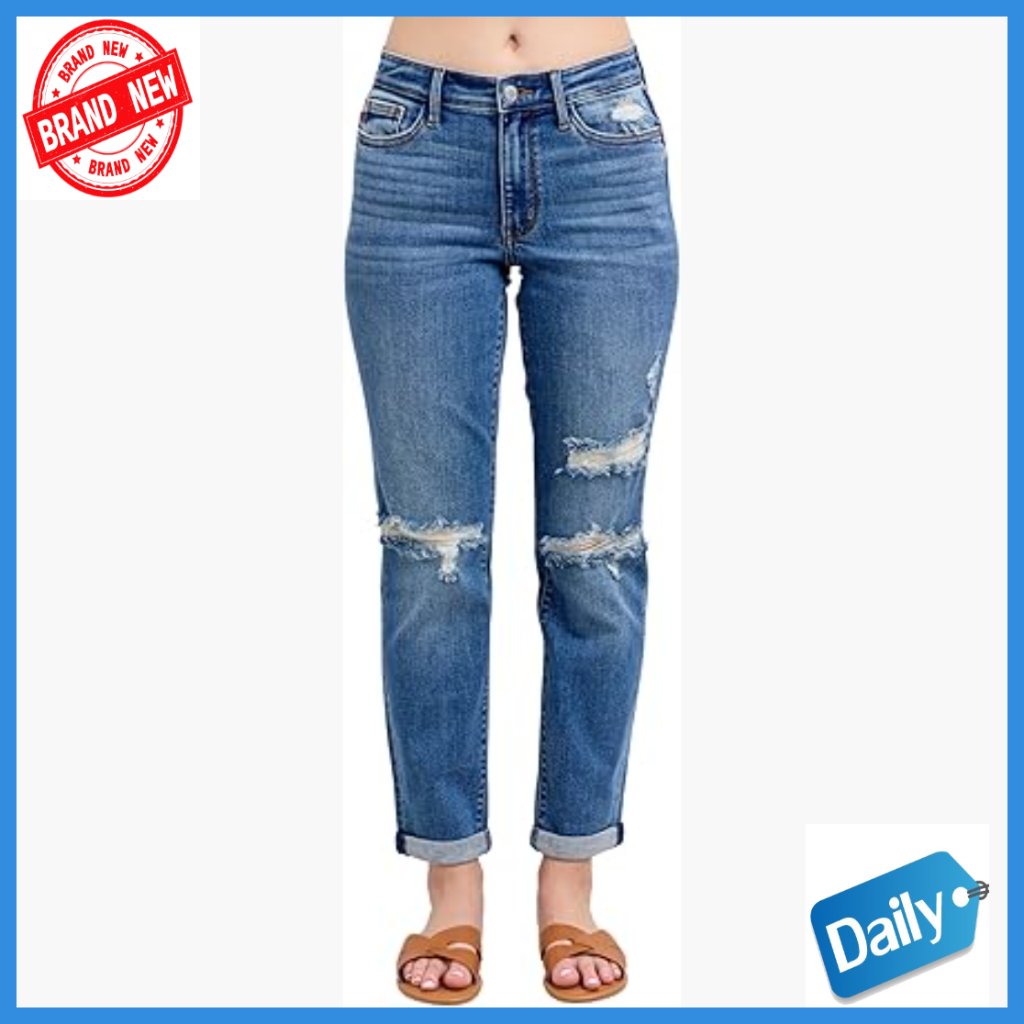 Mid Rise Boyfriend Jeans, Vintage Wash, Distressed Details, 28" Inseam